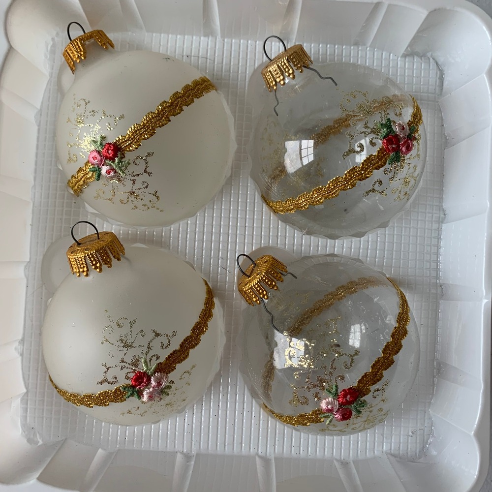 Vintage Christmas by Krebs Glass Floral/Ribbons Ornaments Set of 4 Cottagecore